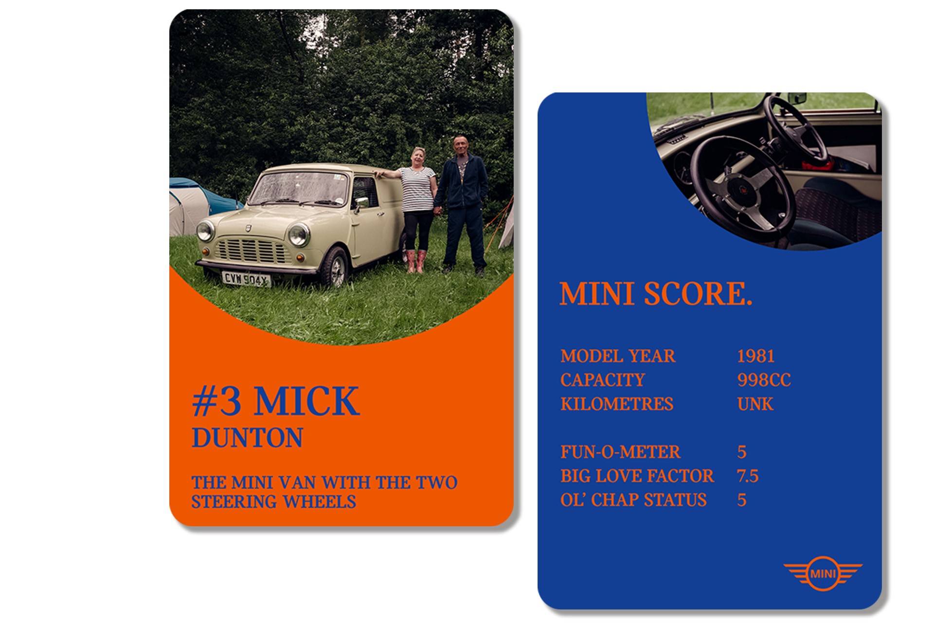 Front of playing card: Owners Mick Dunton and his wife stand next to their 1981 Mini Van at the International MINI Meeting 2024. Back of card: MINI SCORE: MODEL YEAR: 1981 / CAPACITY: 998cc / KILOMETRES: Unknown / FUN-O-METER: 5 / BIG LOVE FACTOR: 7.5 / OL’ CHAP STATUS: 5